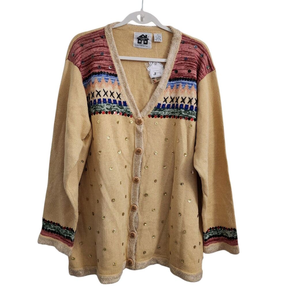 Storybook Knits Cardigan 3X Tan Fair Isle Sweater Sequin Grandmacore NWT Vintage